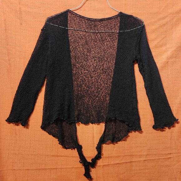 Black Sz Medium Sheer Lose Knit Tie Up Cardigan Stretch 3/4 Sleeve Light Sweater - Picture 3 of 9